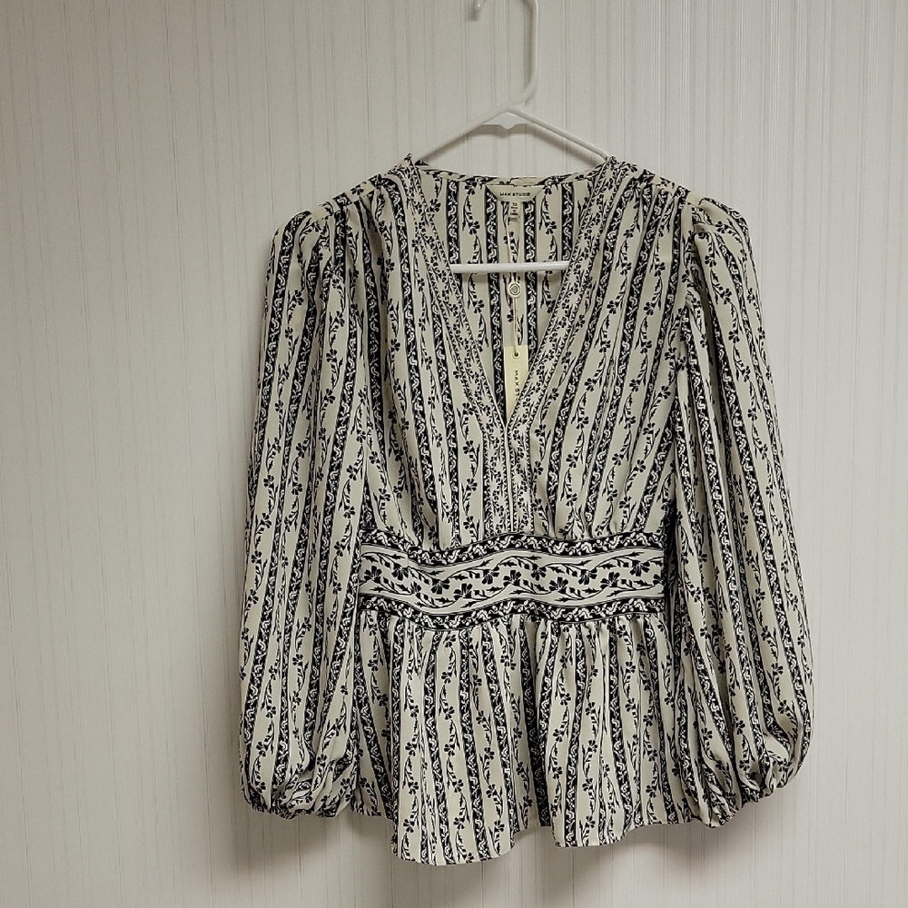 Max Studio Floral Peplum Peasant Top With Plunging V Neck black white XS New